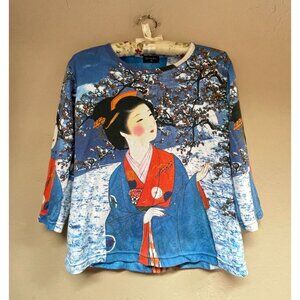 Breeke & Company Winter Geisha Top Medium Blue Red Micro Blend 3/4 sleeve